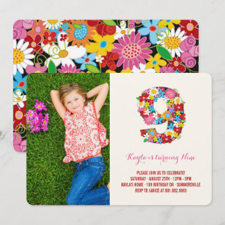 Frühlingsblumen Nine Girl 9. Geburtstag Foto Einla Einladung