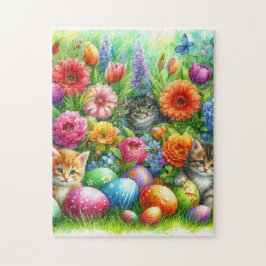 Frühlingsblumen Ostereier und Kätzchen im Garten  Puzzle