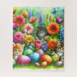 Frühlingsblumen Ostereier und Kätzchen im Garten Puzzle