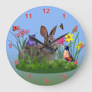 Frühlingsblumen, Robin und Hasen-Kaninchen Große Wanduhr