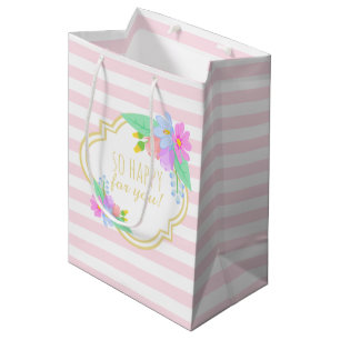 Frühlingsblumen Rosa Streifen Babydusche Geschenkt Mittlere Geschenktüte