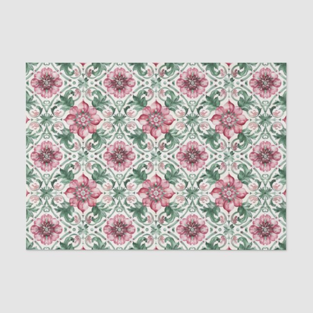 Frühlingsblumen Rot Grün Fliesenmuster Decoupage Seidenpapier (Vorderseite)