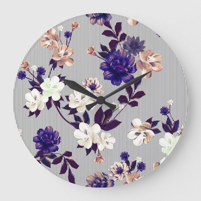 Frühlingsblumen Schwarzes Silhouette Muster Große Wanduhr (Vorderseite)