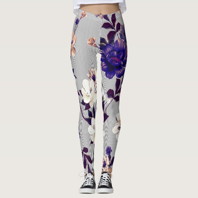 Frühlingsblumen Schwarzes Silhouette Muster Leggings (Vorderseite)