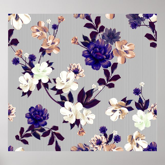 Frühlingsblumen Schwarzes Silhouette Muster Poster (Vorne)