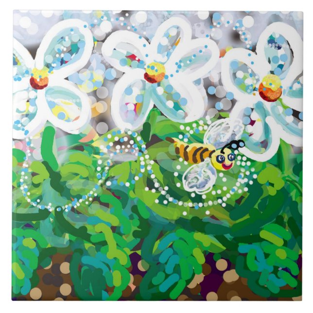 Frühlingsblumen und glückliche Biene Fliese (Vorderseite)