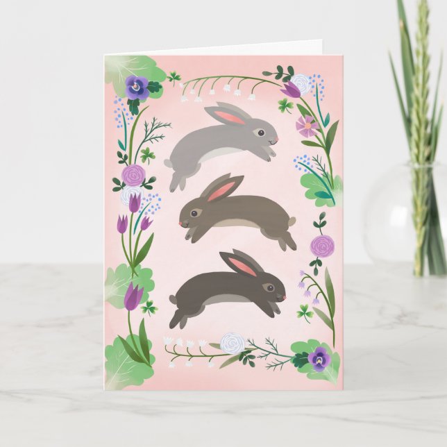 Frühlingsblumen und Kaninchen, die springen | Karte (Vorderseite)