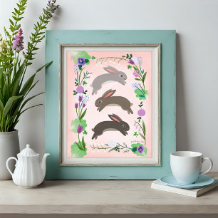 Frühlingsblumen und Kaninchen, die springen   Poster