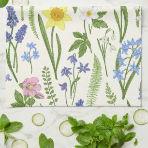 Frühlingsblumen und Kräuter im Vintage-Stil  Geschirrtuch