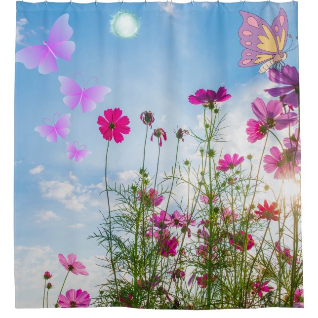 Frühlingsblumen und Schmetterling Duschvorhang (Vorderseite)