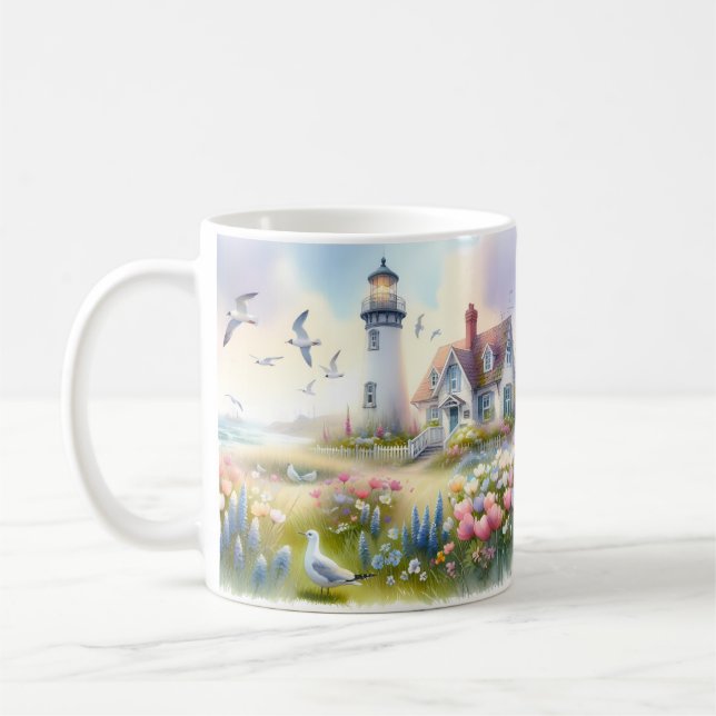 Frühlingsblumen von Lighthouse Coastal Hütte Kaffeetasse (Links)