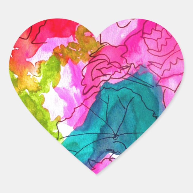 Frühlingsblumen Wasserfarbe abstrakte Kunst Herz-Aufkleber (Vorderseite)