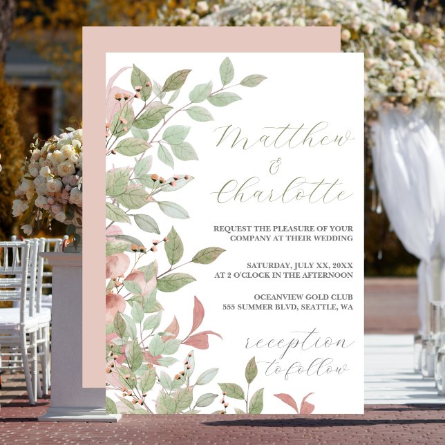 Frühlingsblumen Wasserfarbe Rosa Hochzeit Einladung (Watercolor Leaves, Green & Pink Wedding Invitation)