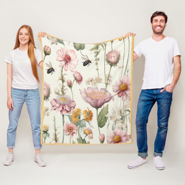 Frühlingsblumen Wasserfarben Rosa Gelbe Bienen Fleecedecke (Beispiel)