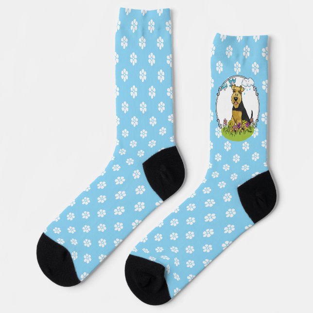 Frühlingsblumen Welsh Terrier Hund mit Blume Niedl Socken (Linkes Detail)