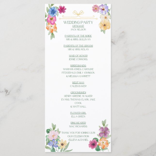 Frühlingsblumen-Wildblumen-Hochzeitsprogramm Programm (Rückseite)