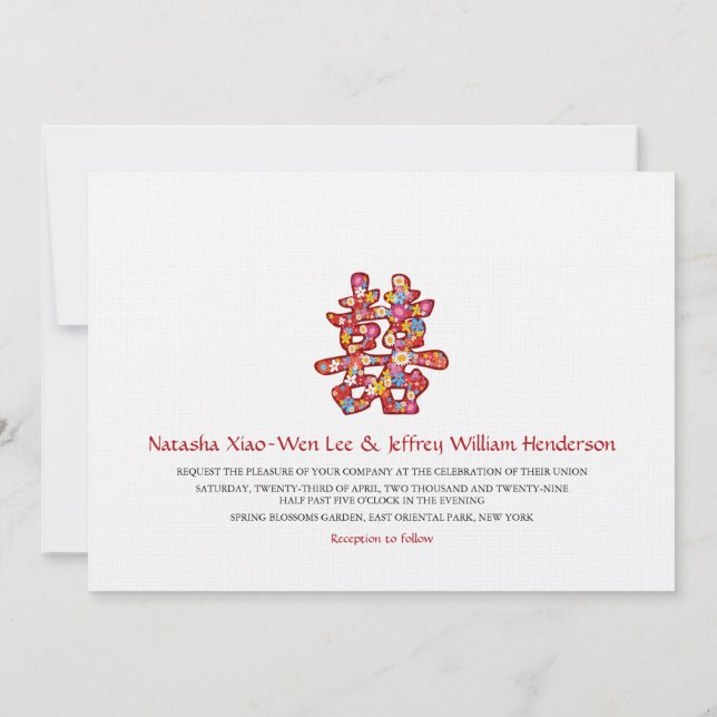 Frühlingsblumen Zweites Glück Chinesisch Hochzeit Einladung (Rückseite)