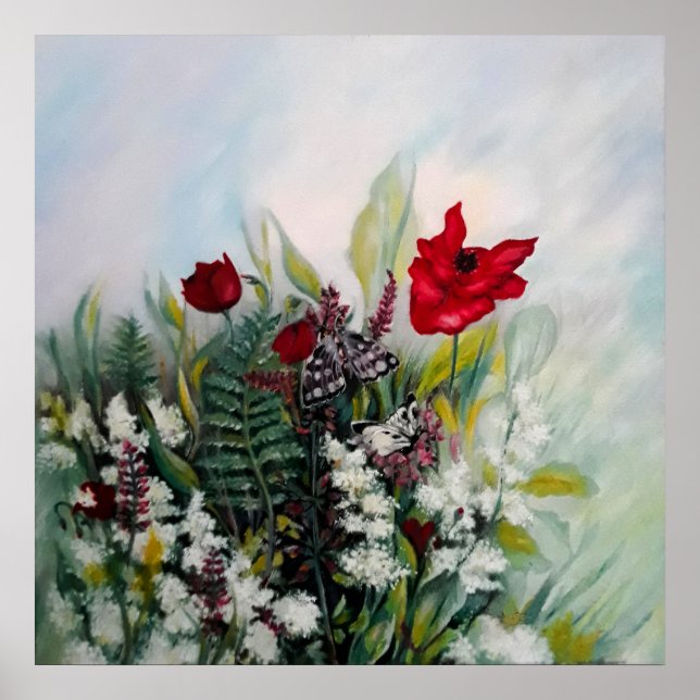 Frühlingsblumenfeld mit Pfefferkuchen und Schmette Poster (Vorne)