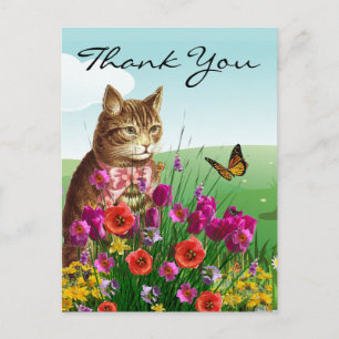Frühlingsblumengarten mit Vintage-Katze Danke Postkarte