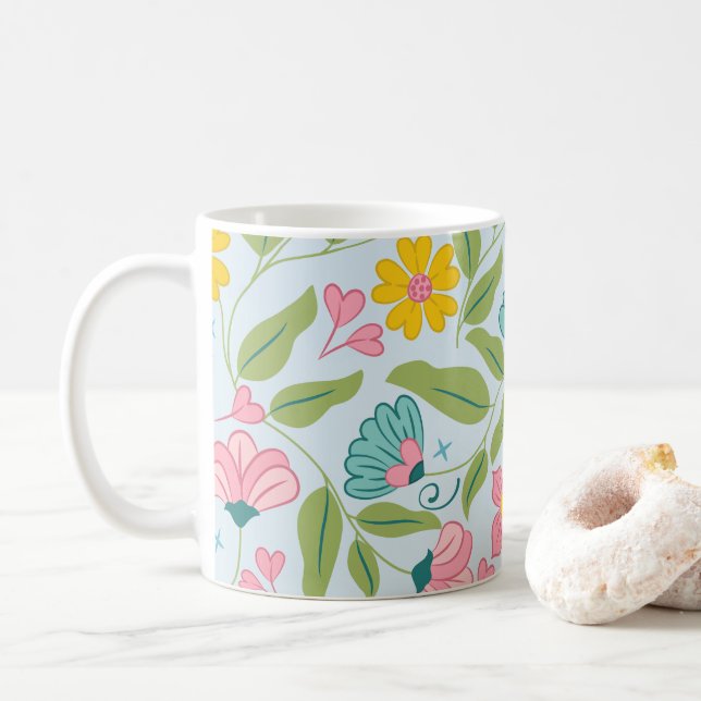 Frühlingsblumenmuster auf Hellblau Kaffeetasse (Mit Donut)