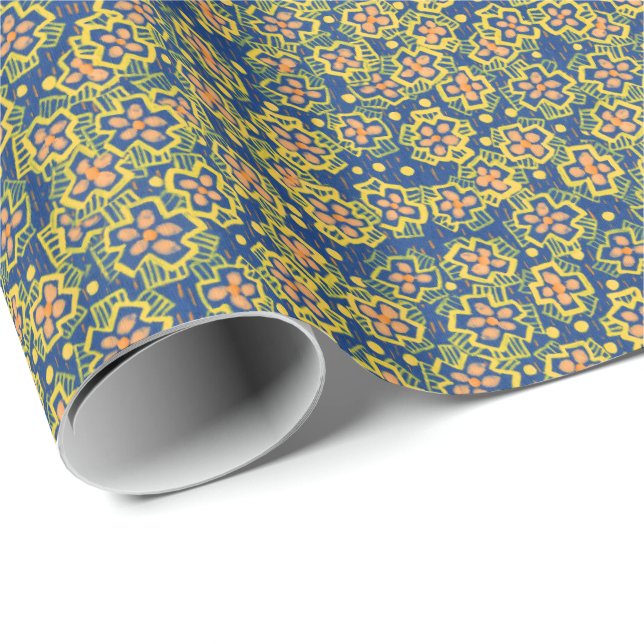 Frühlingsblüten, blau & gelb, Blumenmuster Geschenkpapier (Rolleneckpunkt)