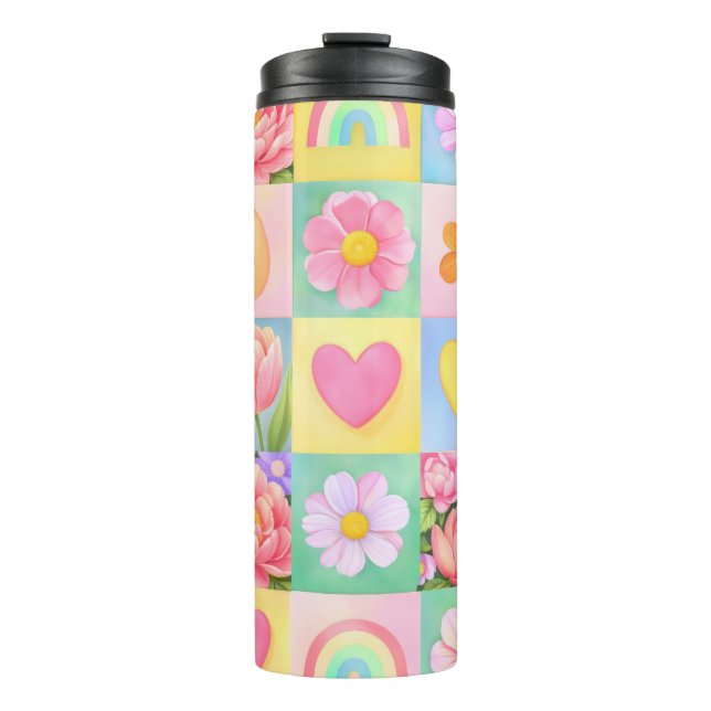 Frühlingsblüten-Herz-Schachbrettmuster Thermosbecher (Vorderseite)