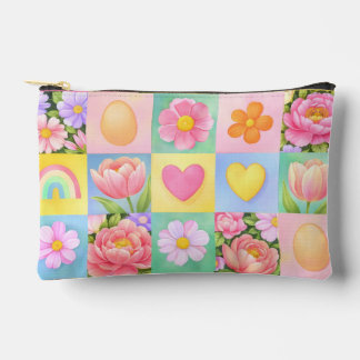 Frühlingsblüten-Herz-Schachbrettmuster Zubehörtasche