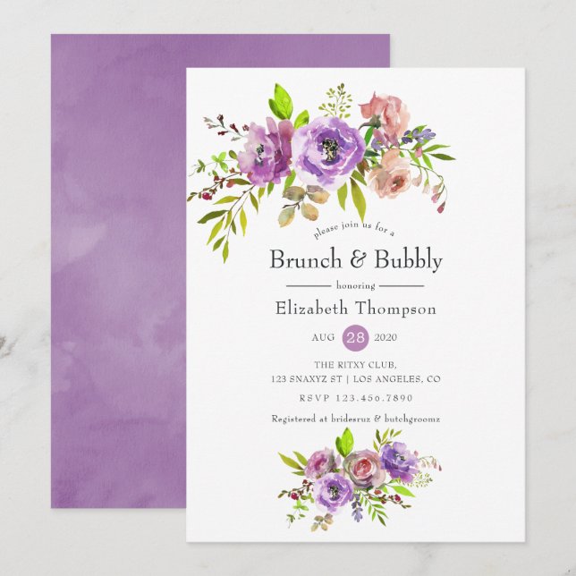 Frühlingsbrunch mit floraler Farbe und Bubbly Einladung (Vorne/Hinten)