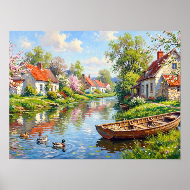 Frühlingsdorf Bachmalerei Poster (Vorne)