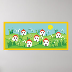 Frühlingsdorf, rote Dachhäuser angepasstes Poster