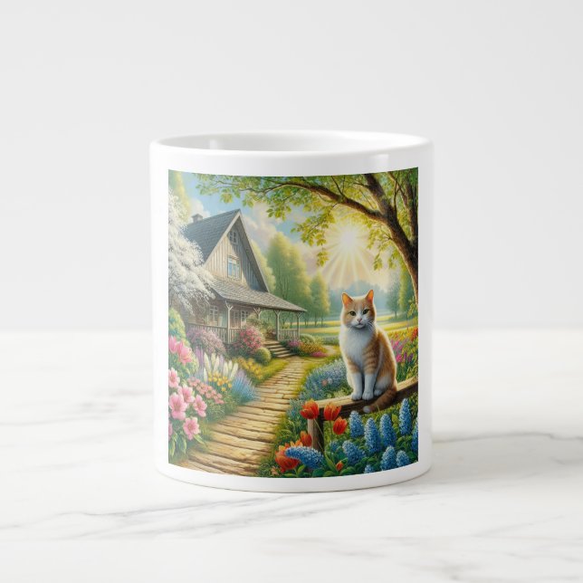 Frühlingserie Hütte/Garten & Katze Jumbo-Tasse (Vorderseite)