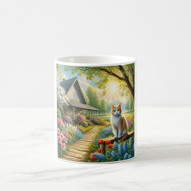Frühlingserie Hütte/Garten & Katze Kaffeetasse (Mittel)