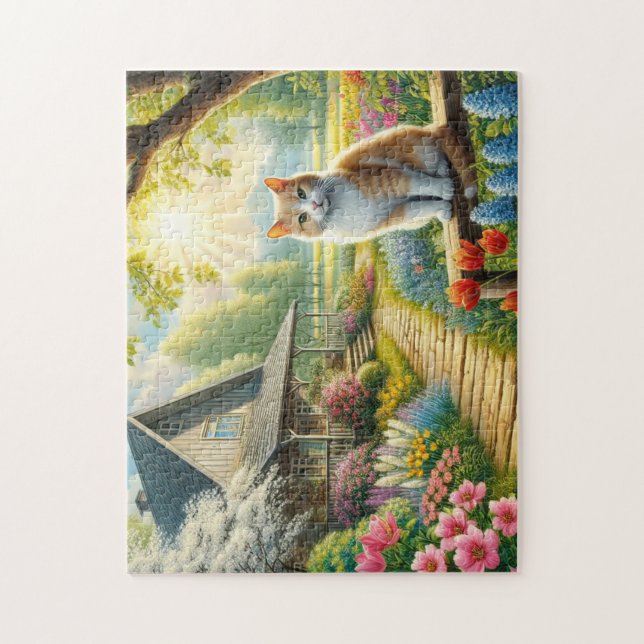 Frühlingserie Hütte/Garten & Katze Puzzle (Vertikal)
