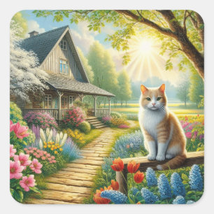 Frühlingserie Hütte/Garten & Katze Quadratischer Aufkleber