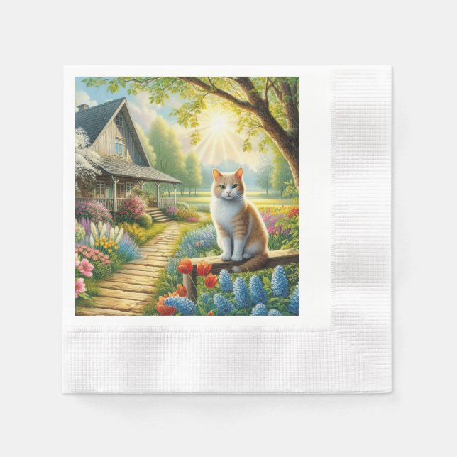 Frühlingserie Hütte/Garten & Katze Serviette (Vorderseite)
