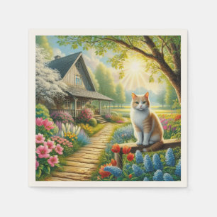 Frühlingserie Hütte/Garten & Katze Serviette