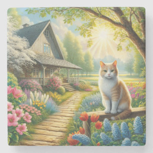 Frühlingserie Hütte/Garten & Katze Steinuntersetzer