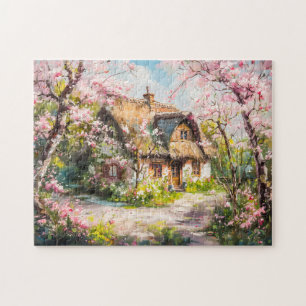 Frühlingserie Hütte mit blühenden Obstbäumen Puzzle