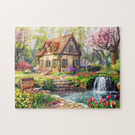 Frühlingserlebnis Hütte mit blühenden Tulpen Puzzle