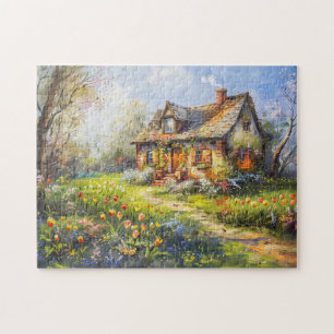 Frühlingserlebnis Hütte mit Tulpen Wildblume Wiese Puzzle