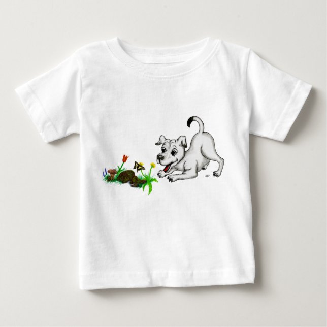 Frühlingserwachen, Welpe mit Schmetterling Baby T-shirt (Vorderseite)
