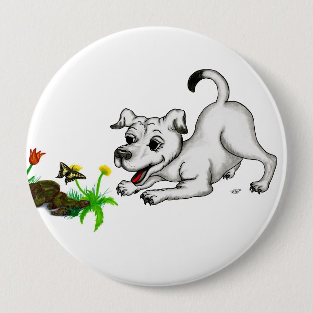 Frühlingserwachen, Welpe mit Schmetterling Button (Vorderseite)