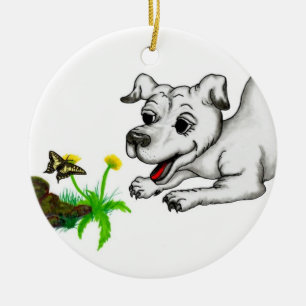 Frühlingserwachen, Welpe mit Schmetterling Keramik Ornament