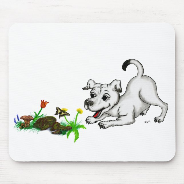 Frühlingserwachen, Welpe mit Schmetterling Mousepad (Vorne)
