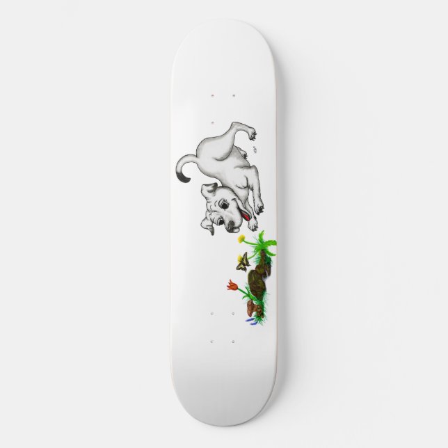 Frühlingserwachen, Welpe mit Schmetterling Skateboard (Vorderseite)