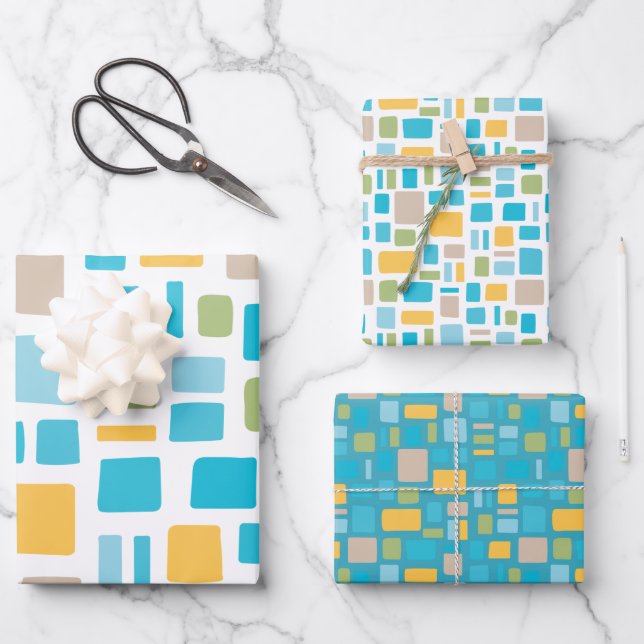 Frühlingsfarben Wonky-Quadrate und Rechtecke Geschenkpapier Set (Vorderseite)