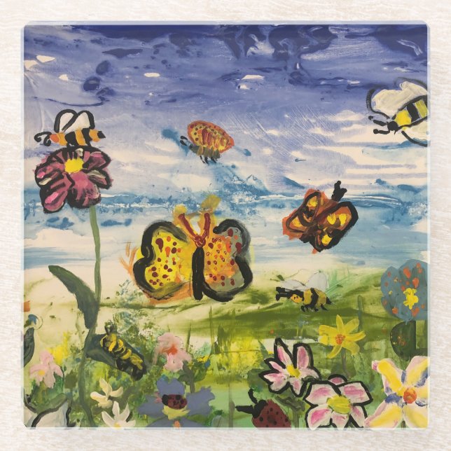 Frühlingsfarbige Schmetterlinge Wildblumen Glasuntersetzer (Vorderseite)