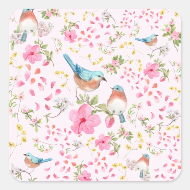 Frühlingsfarbige Vögel und Blume Quadratischer Aufkleber (Vorderseite)