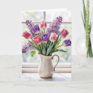 Frühlingsflieder- und Tulpenstrauß für Dich Karte