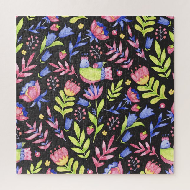 Frühlingsfloral: Aquarellfarben Nahtloses Muster Puzzle (Vertikal)